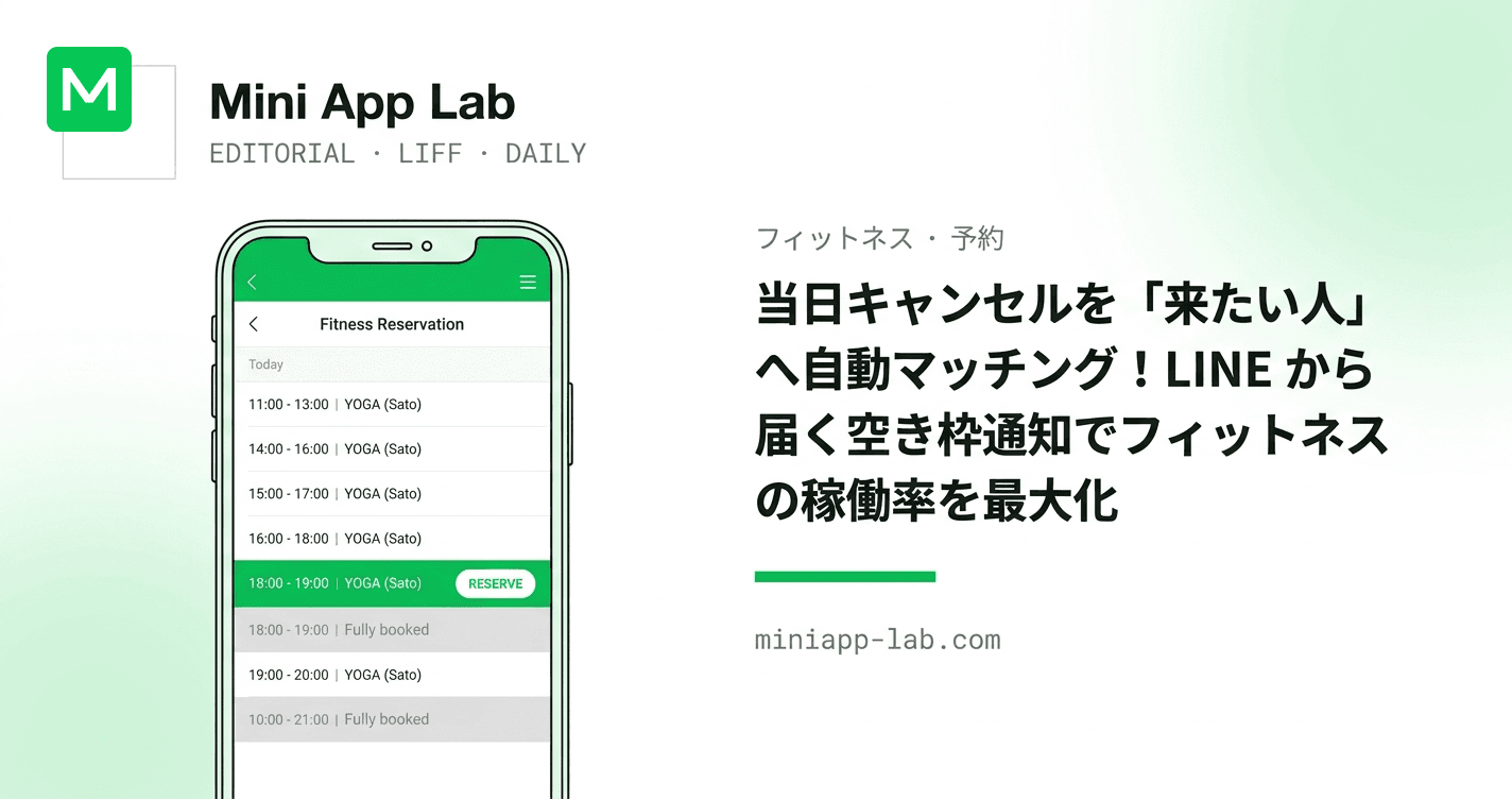 当日キャンセルを「来たい人」へ自動マッチング!LINE から届く空き枠通知でフィットネスの稼働率を最大化