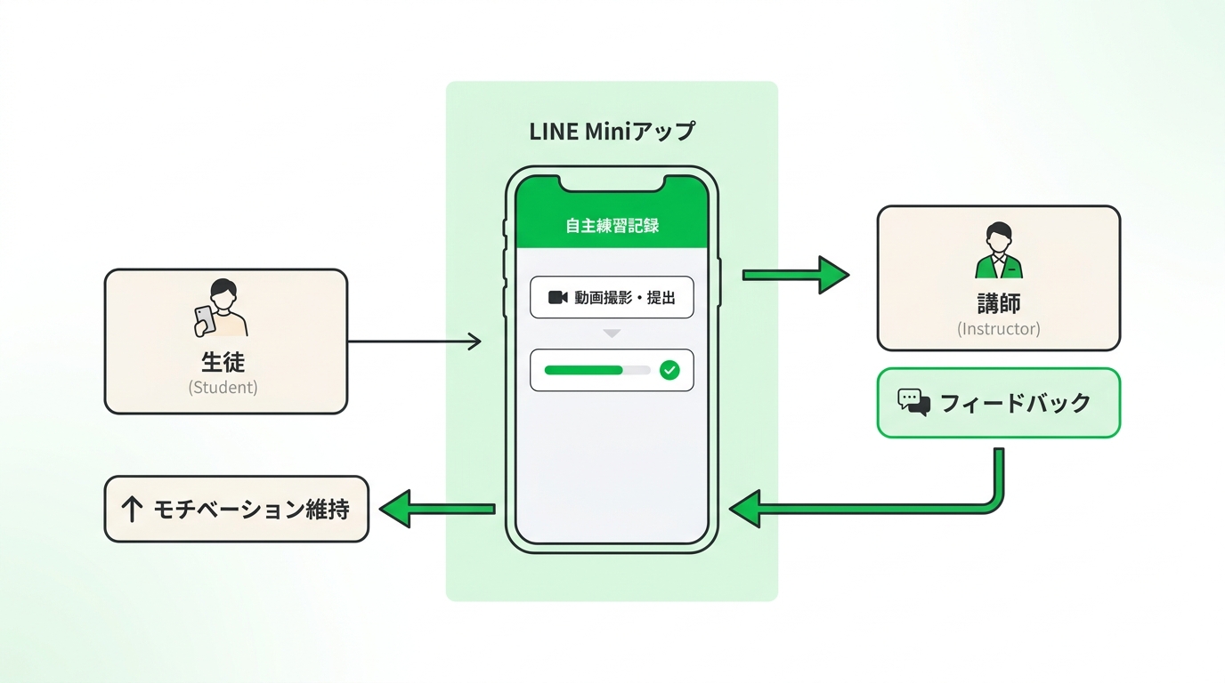 Operational workflow diagram showing student submitting video practice tasks and receiving feedback via LINE mini app