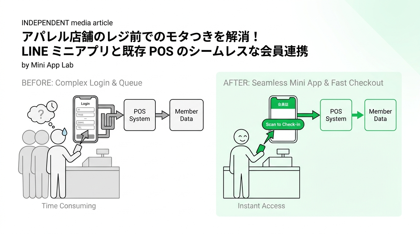Illustration contrasting a congested cash register due to a complex app login process with a smooth checkout using a LINE mini app.