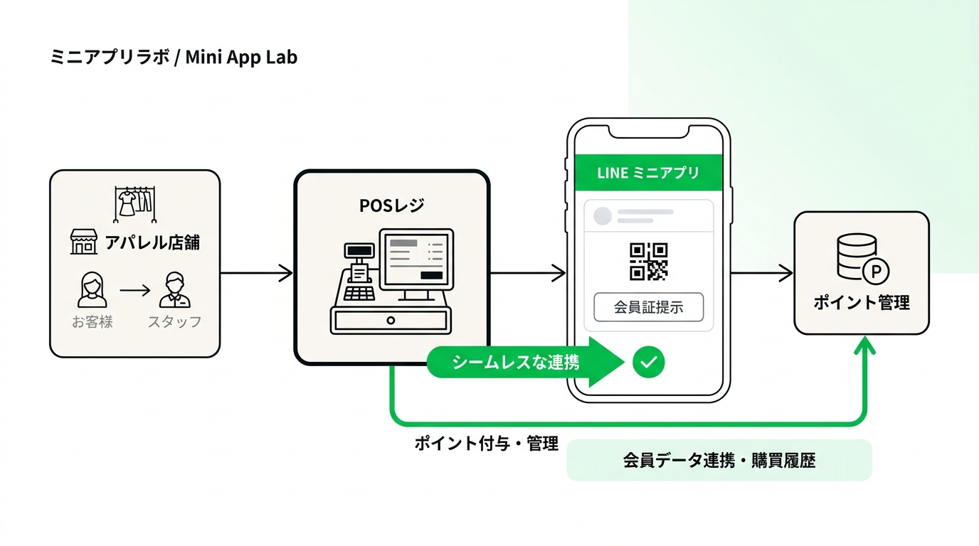 Flowchart showing seamless integration between a POS system and a LINE mini app for smooth point granting and management.