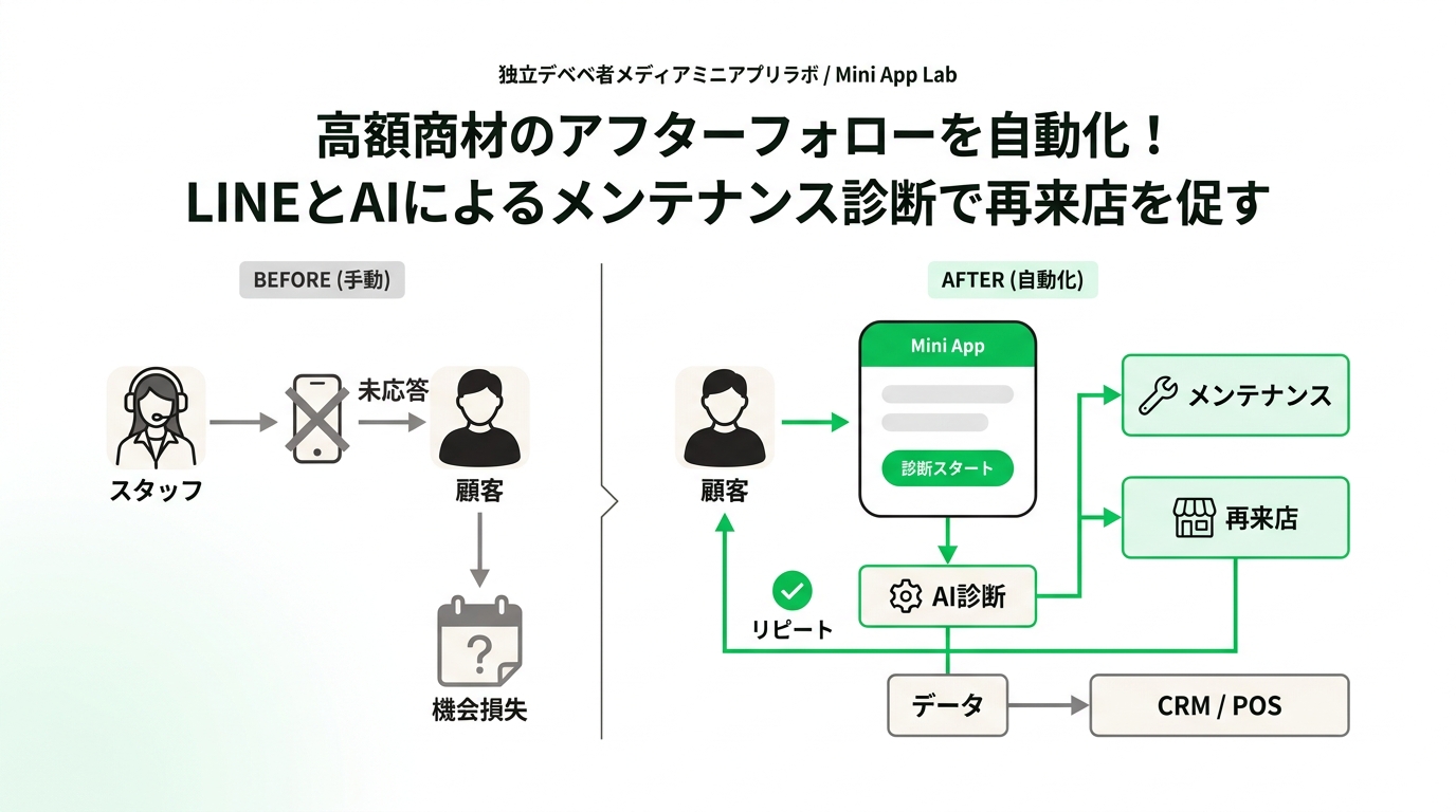 Before-and-after diagram showing the transition from manual phone follow-ups to automated maintenance diagnosis via LINE mini-app for high-end jewelry stores.