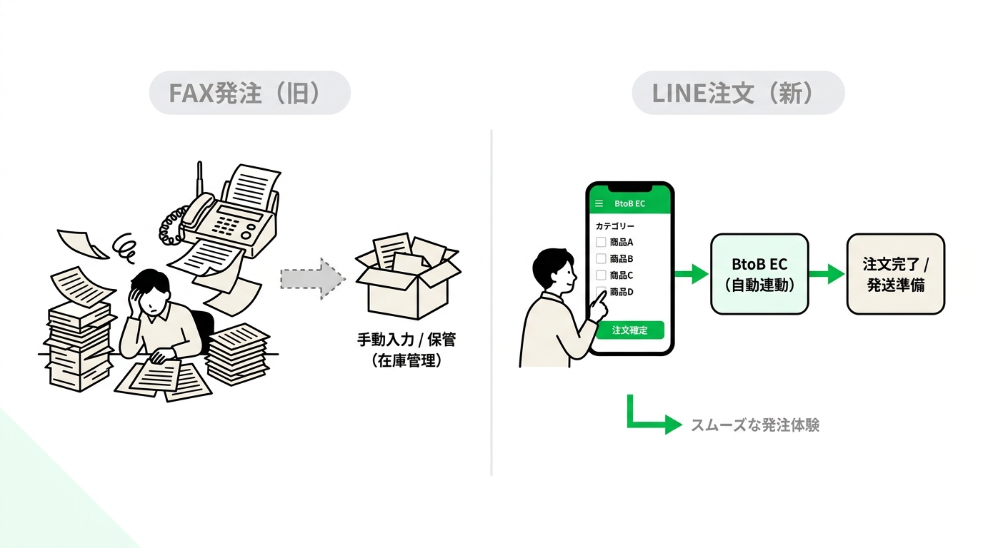 Illustration contrasting a cluttered office with fax papers and a streamlined ordering process via smartphone