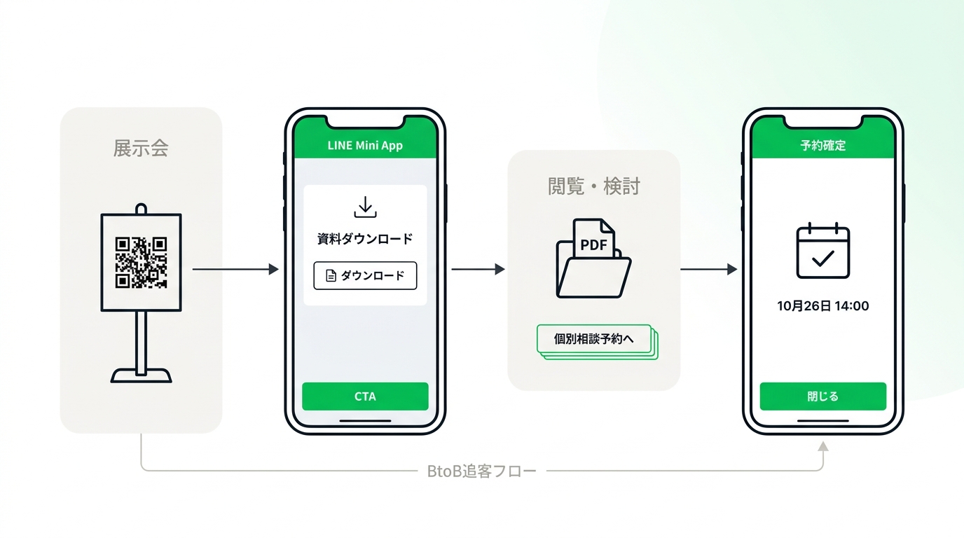 Sequential user flow from scanning QR code to downloading resources and confirming a business appointment within LINE.