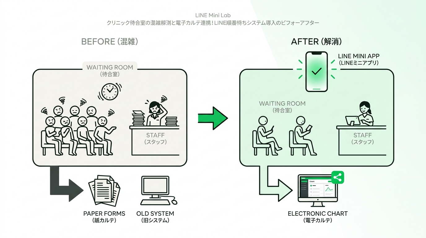 Diagram comparing a crowded clinic waiting room with frustrated staff to a streamlined digital queue system via LINE