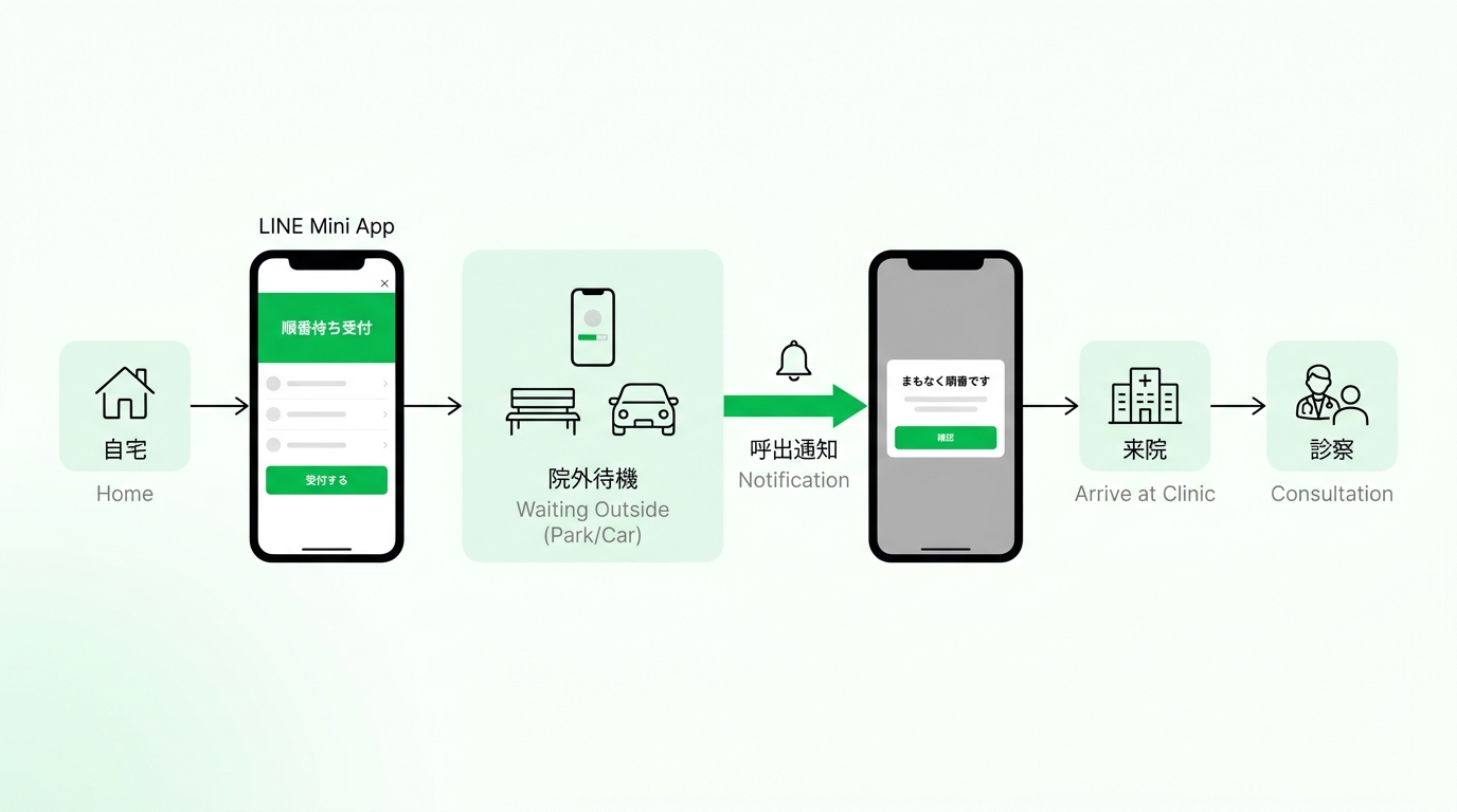 Patient journey and workflow with LINE-based queuing and notification system