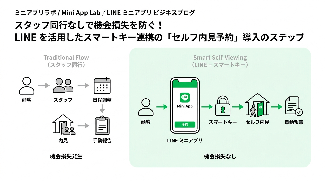 Concept diagram comparing traditional staffed house viewing with automated self-viewing via LINE and smart lock integration