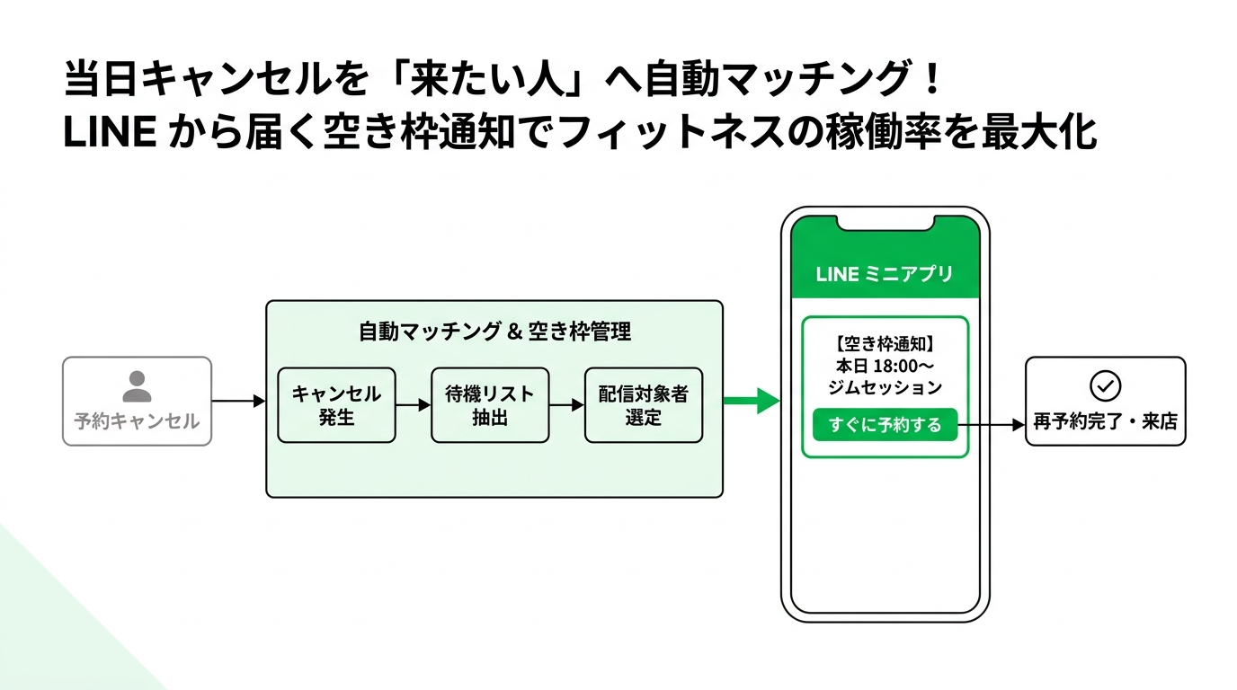 Automated cancellation matching flow chart from user cancellation to waitlist notification and rebooking via LINE