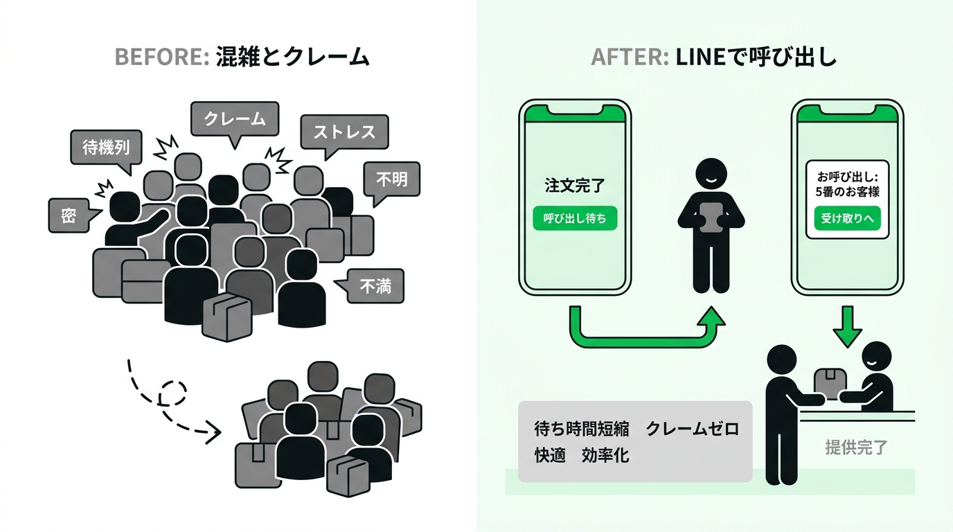 Diagram showing the chaos of a crowded food court waiting area versus a smooth flow with smartphone notifications