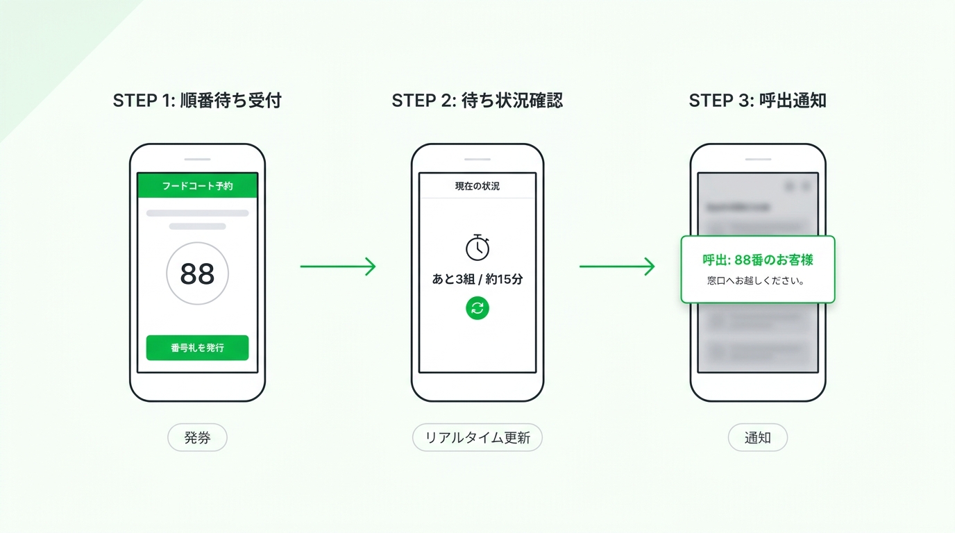 Illustration of the customer journey using a LINE mini-app for taking a numbered ticket, checking wait time, and receiving a ready notification
