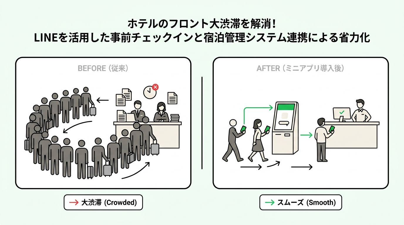 Diagram showing the crowded hotel front desk during check-in hours versus a smooth flow using a smartphone.