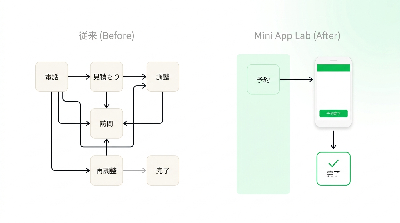 Comparison diagram of a messy booking flow and a streamlined LINE miniapp flow