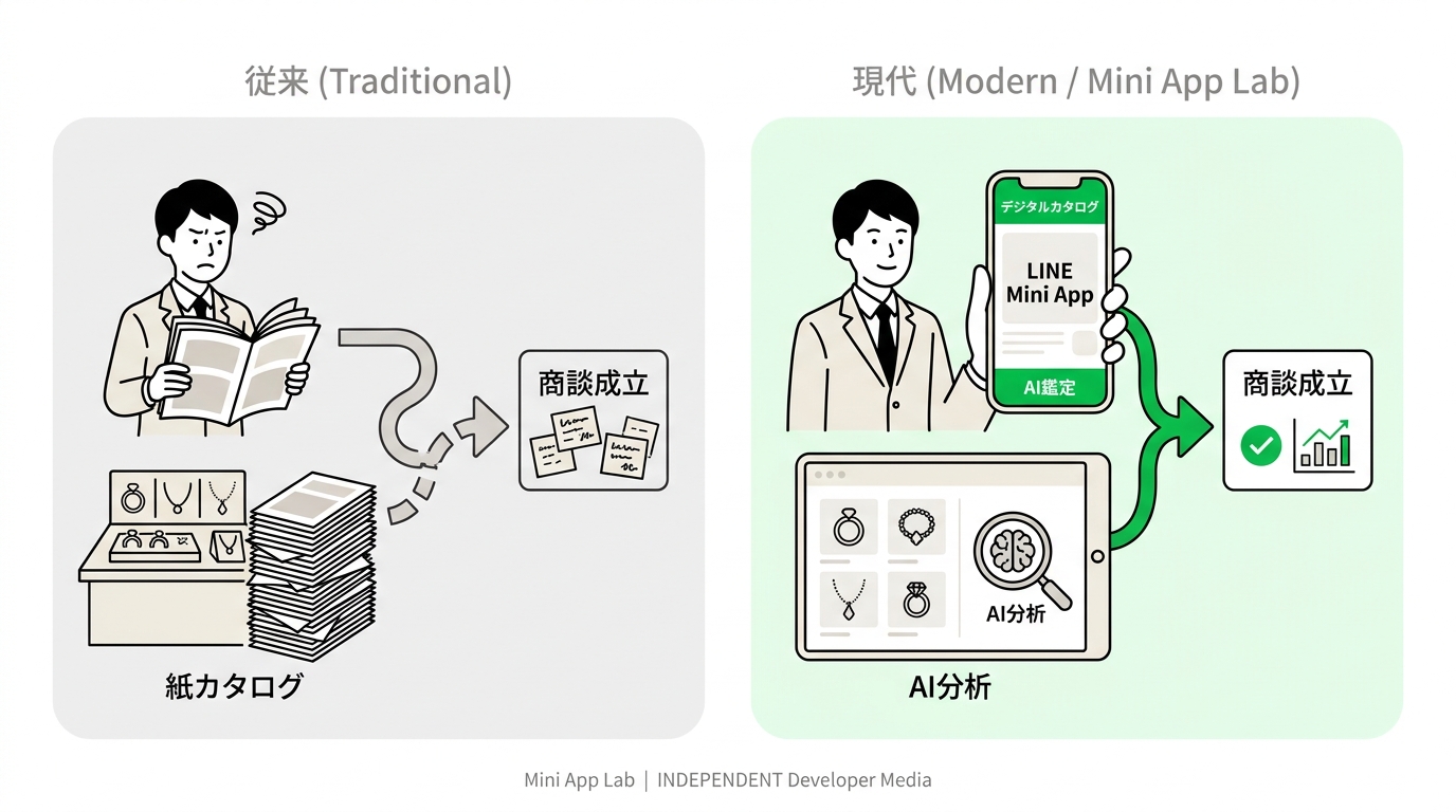 Diagram showing the contrast between traditional jewelry exhibitions with paper catalogs and modern exhibitions using a digital catalog