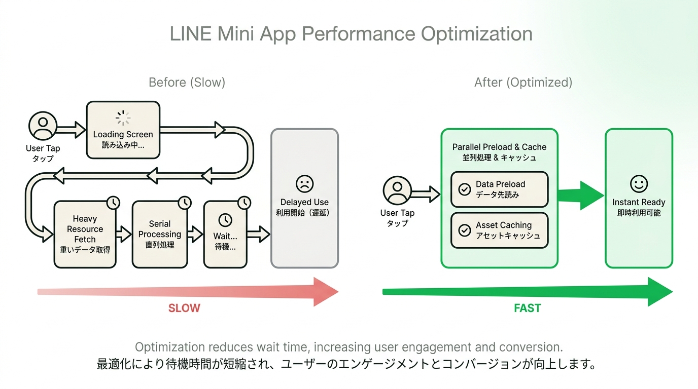 Diagram showing the difference between a slow LIFF app initialization and an optimized fast loading process