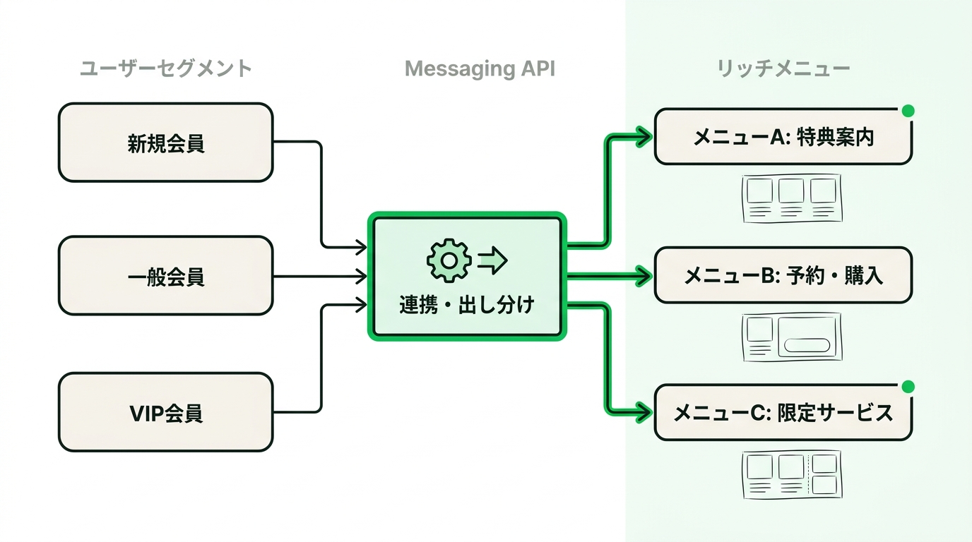 Diagram illustrating the Messaging API linking specific Rich Menus to different user segments based on membership status
