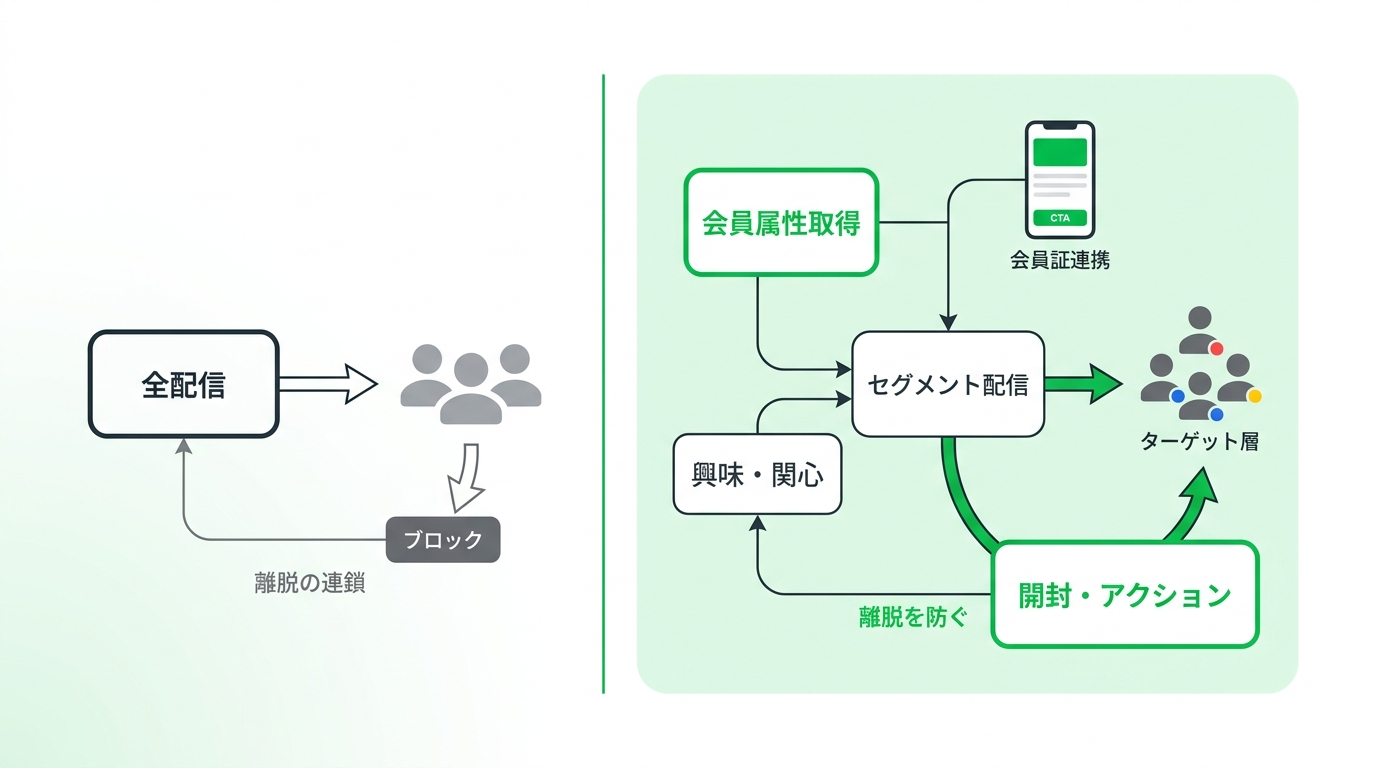 Diagram showing the cycle of message block rate and the concept of targeted segmentation on LINE