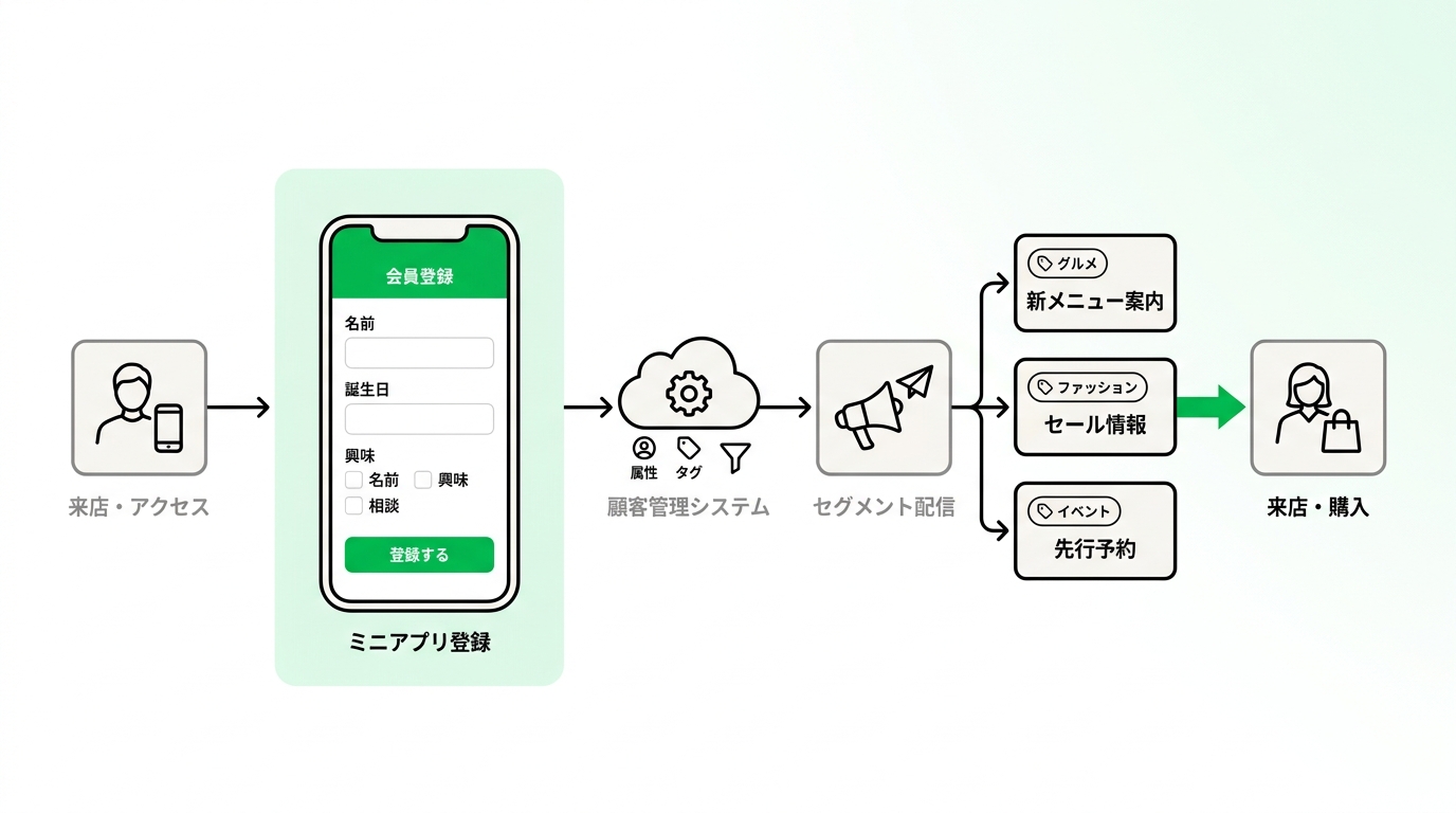 Step-by-step workflow of customer registration and segmented message delivery via LINE mini app