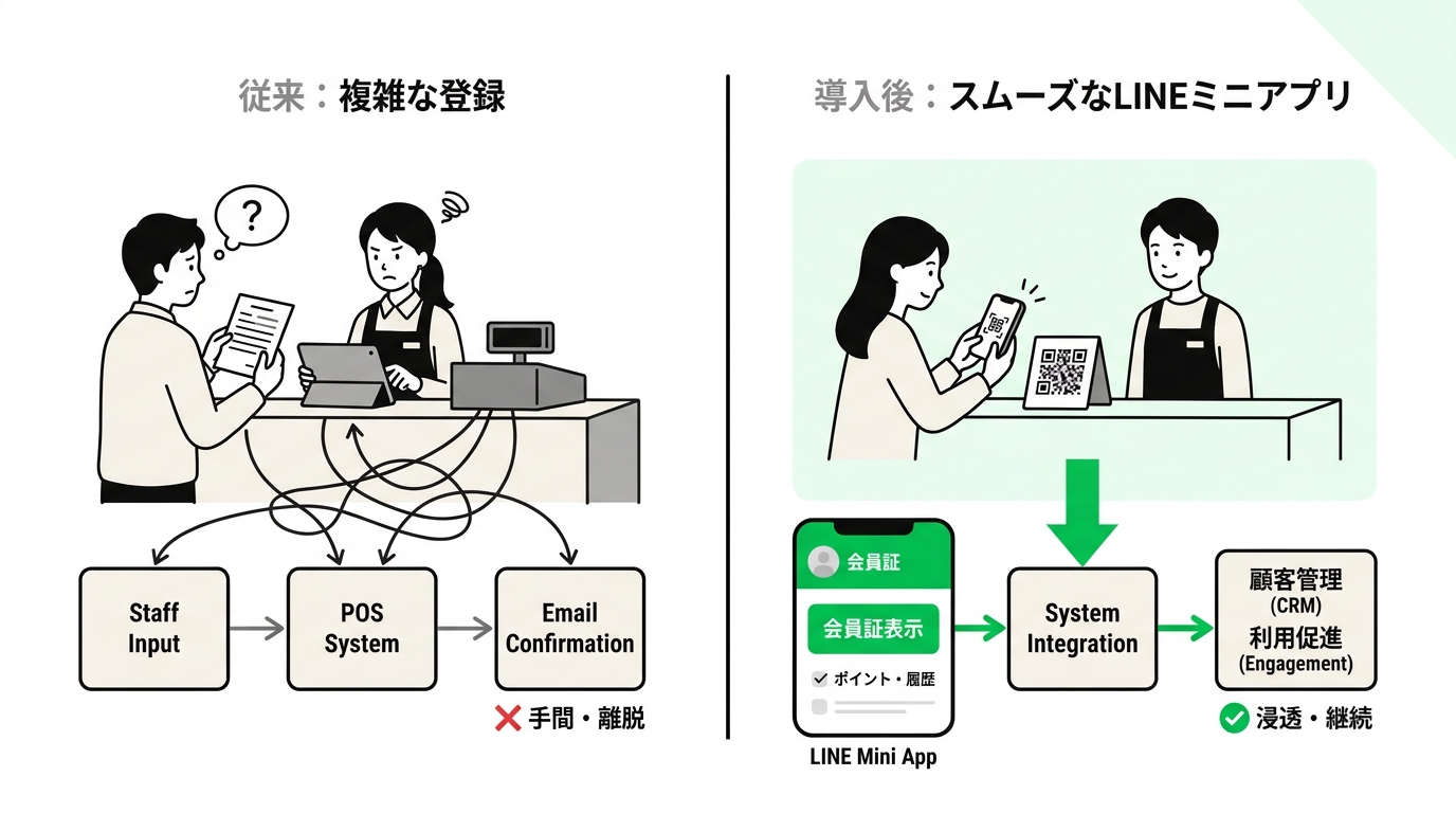 Store counter scene comparing complex registration and smooth LINE mini app onboarding