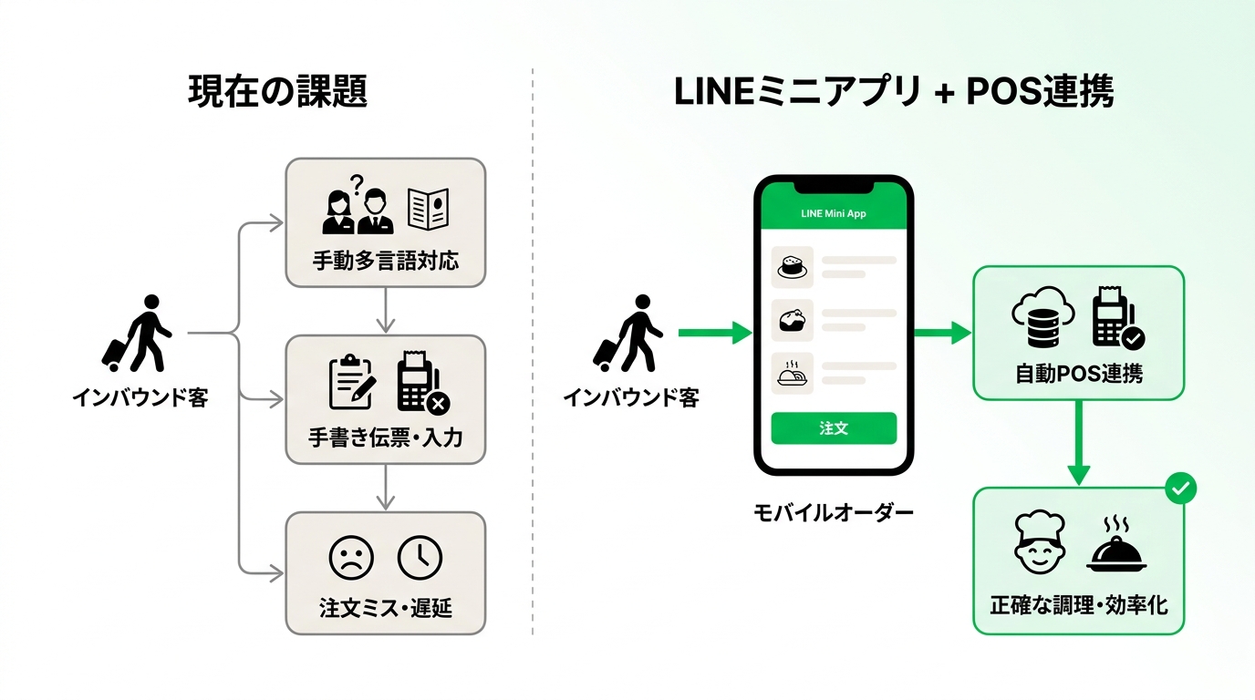 Conceptual diagram comparing the current manual multilingual ordering process with the streamlined LINE mini-app and POS integration flow in a restaurant.