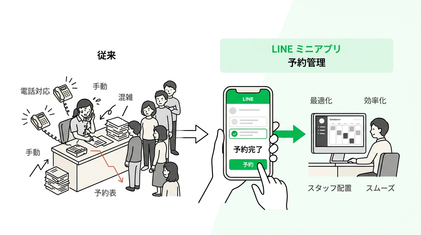 Illustration comparing a busy clinic reception dealing with endless phone calls and a calm, efficient reception supported by mobile booking systems.