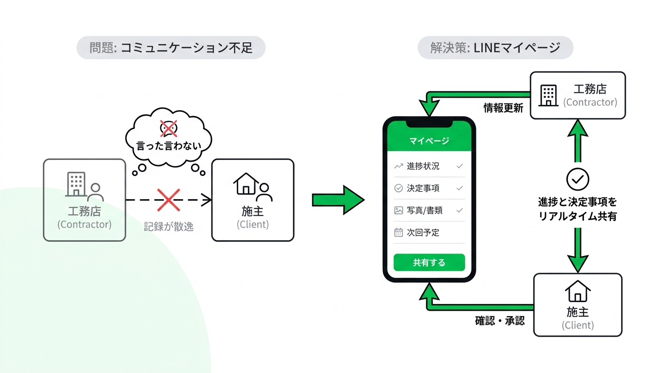 Diagram showing client-contractor communication gap and resolution through a dedicated customer portal on LINE