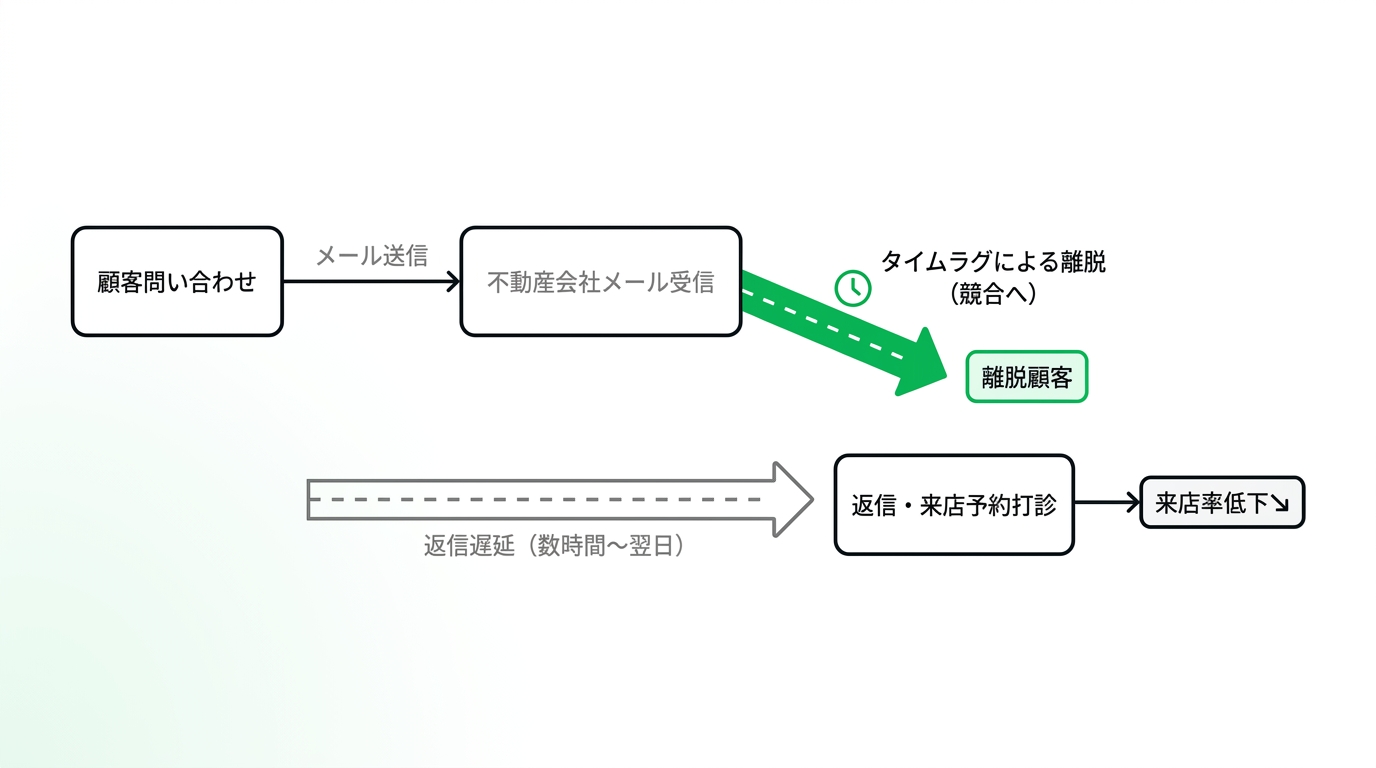 Diagram showing the drop-off in the traditional real estate inquiry flow via email due to time lag