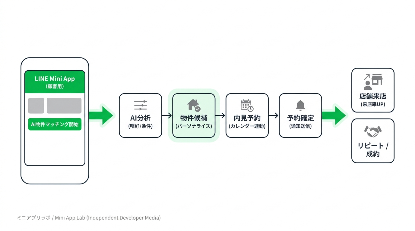 Flowchart illustrating the seamless property matching and viewing reservation process within a LINE mini app