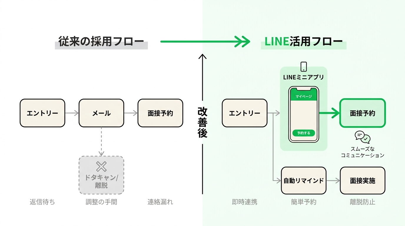 Diagram showing the traditional hiring process with email leading to drop-offs and the new flow using a LINE mini app for smooth communication.