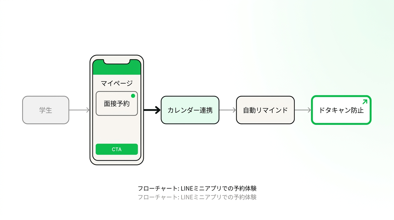 Flowchart illustrating the student experience using a LINE mini app for interview booking, automatic calendar synchronization, and automated reminders.