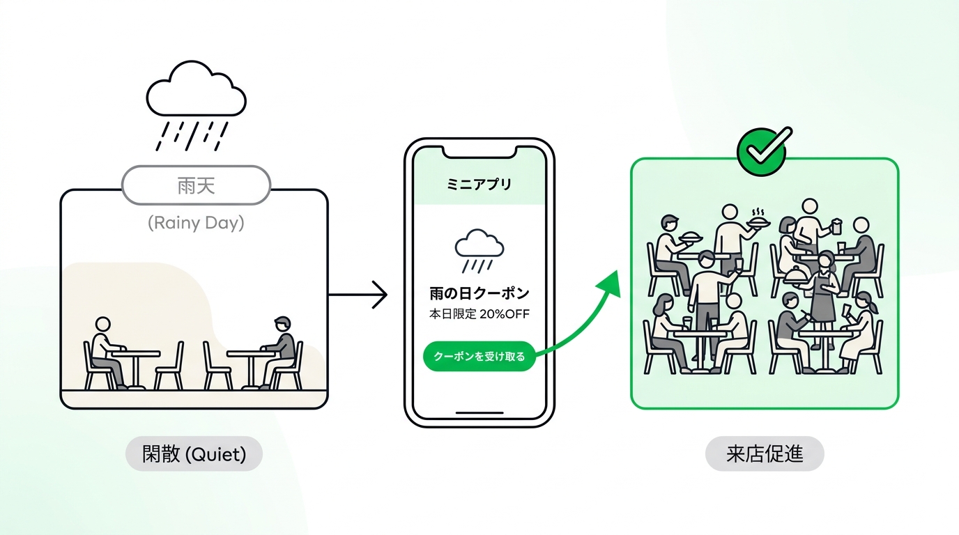 Diagram showing the contrast between an empty restaurant on a rainy day and a sudden influx of customers triggered by a weather-linked digital coupon.