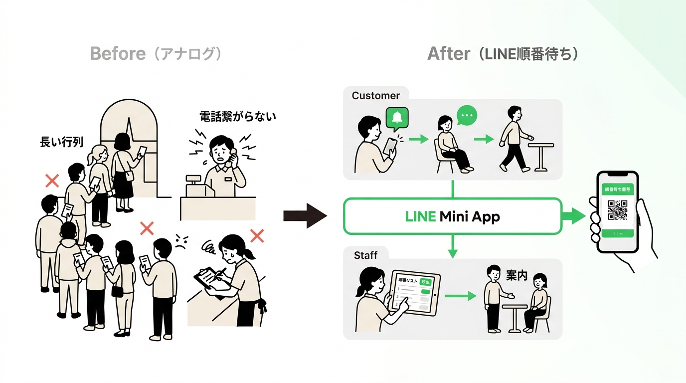 Before and after diagram of a busy restaurant showing chaotic manual queueing vs smooth LINE-based digital ticketing