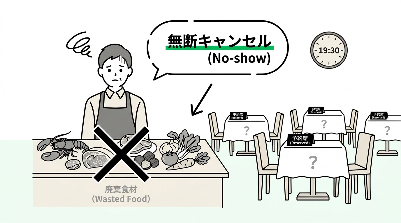 Illustration showing a stressed restaurant manager facing empty tables due to no-shows, with wasted premium ingredients on the counter.