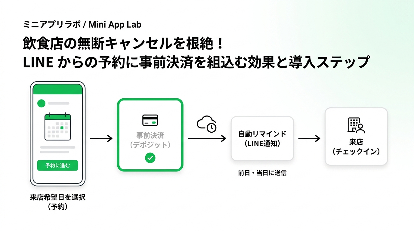 Flowchart illustrating the restaurant reservation process through a LINE mini app, from calendar selection and deposit payment to automated reminder messages.