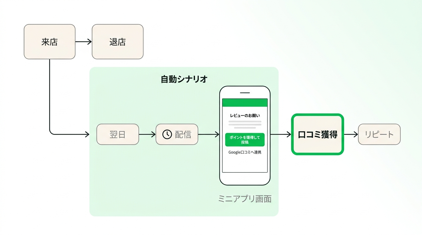 Flowchart illustrating the automated process of sending a review request message via LINE the day after a customer visits, incentivized by loyalty points.