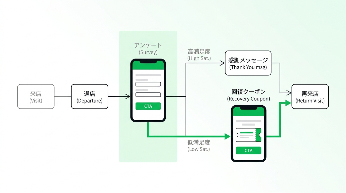 Flowchart showing the automated process of sending a post-visit survey via LINE mini app and delivering recovery coupons based on customer satisfaction scores.