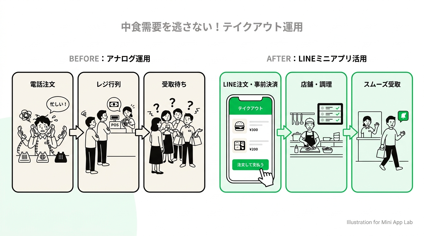 Illustration showing a busy restaurant staff struggling with phone orders and long queues at the cash register, contrasted with a smooth mobile ordering process.