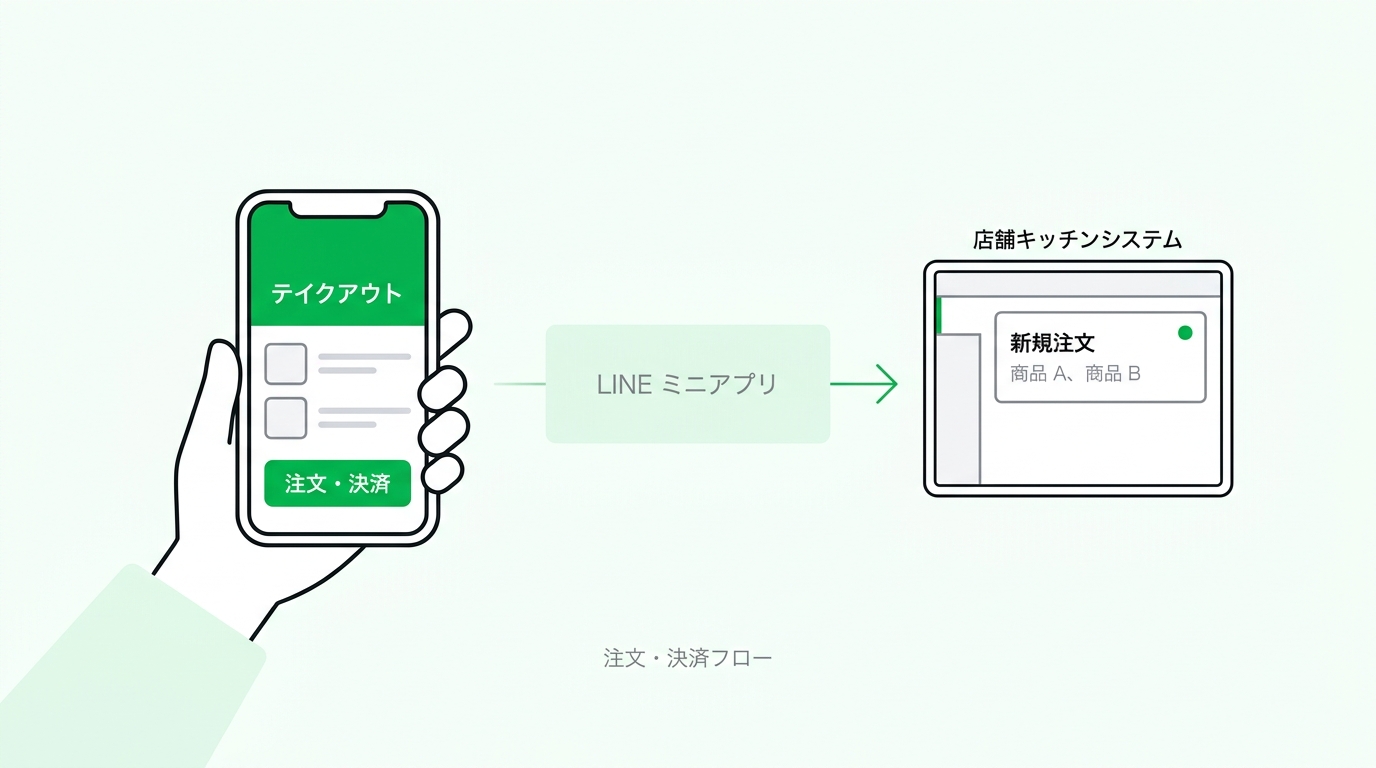 Diagram of the mobile ordering workflow: customer places an order and pays via LINE, while the restaurant receives the order directly in their kitchen system.