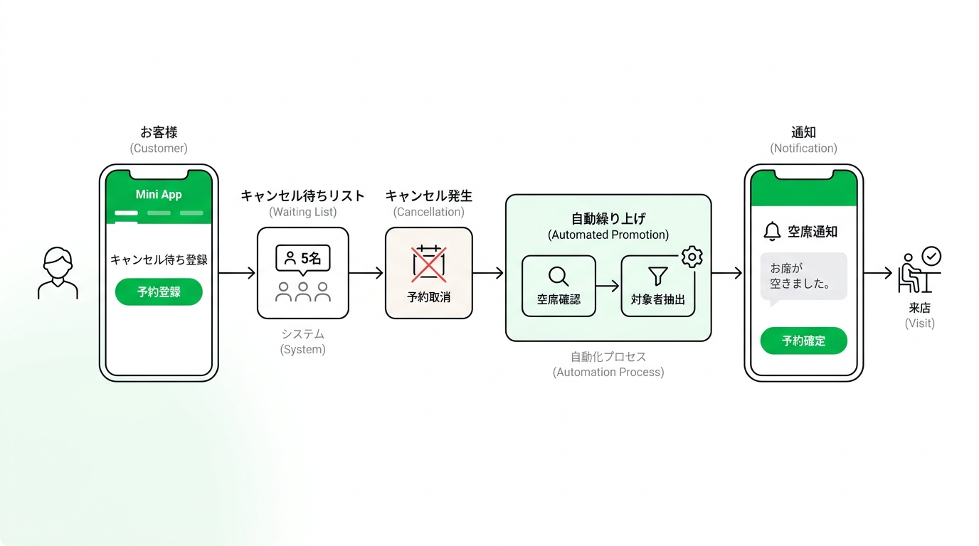 Workflow diagram showing the automated process from registering on a waiting list via LINE to receiving a seat availability notification