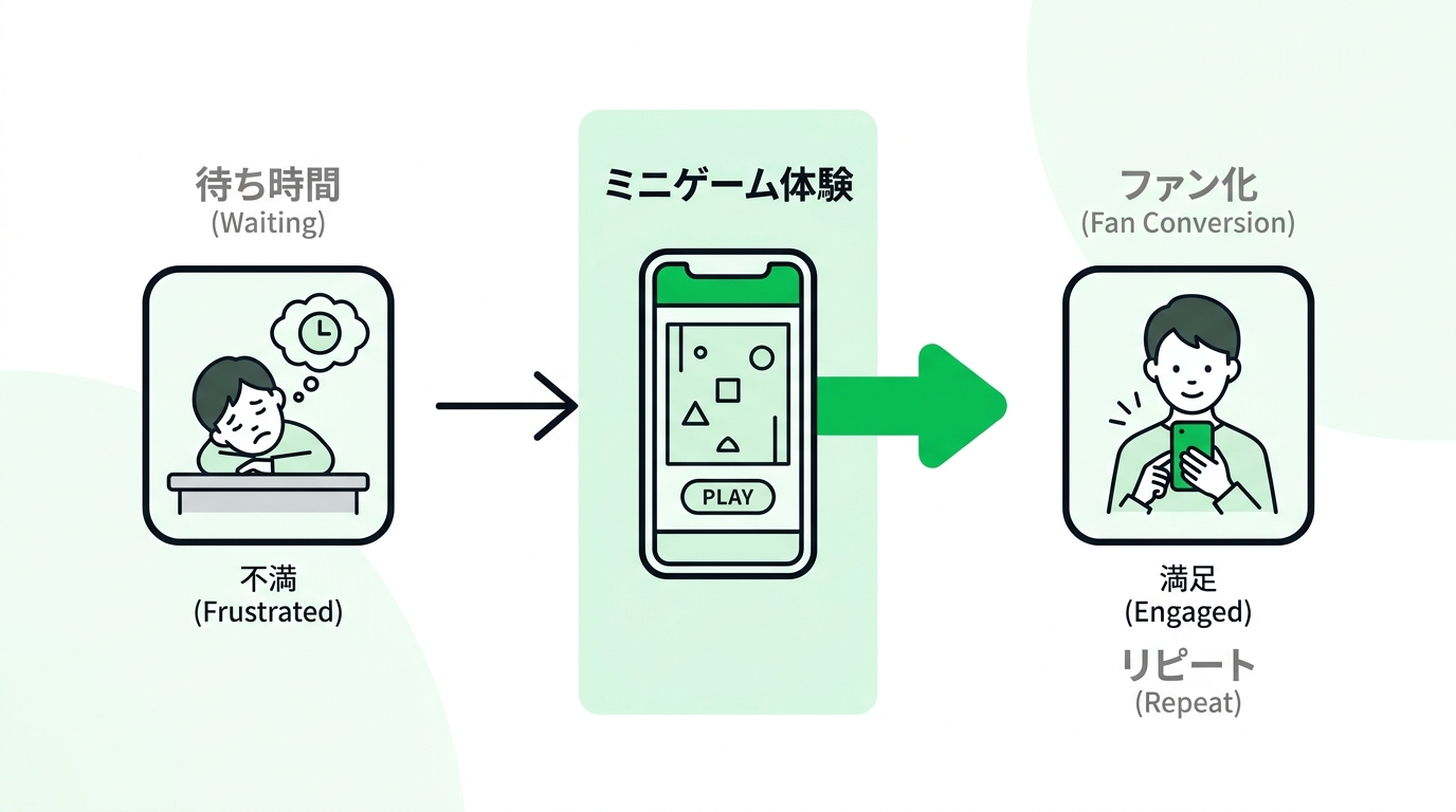 Diagram showing the contrast between a frustrated customer waiting for food and an engaged customer playing a mini-game on their smartphone
