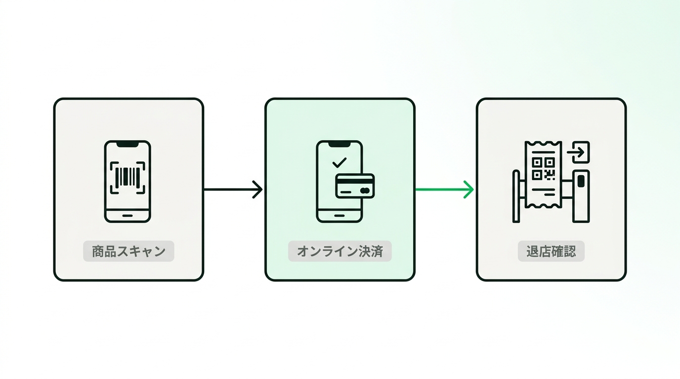 Workflow diagram of Scan and Go system using LINE Mini App, from scanning barcodes to online payment and store exit.