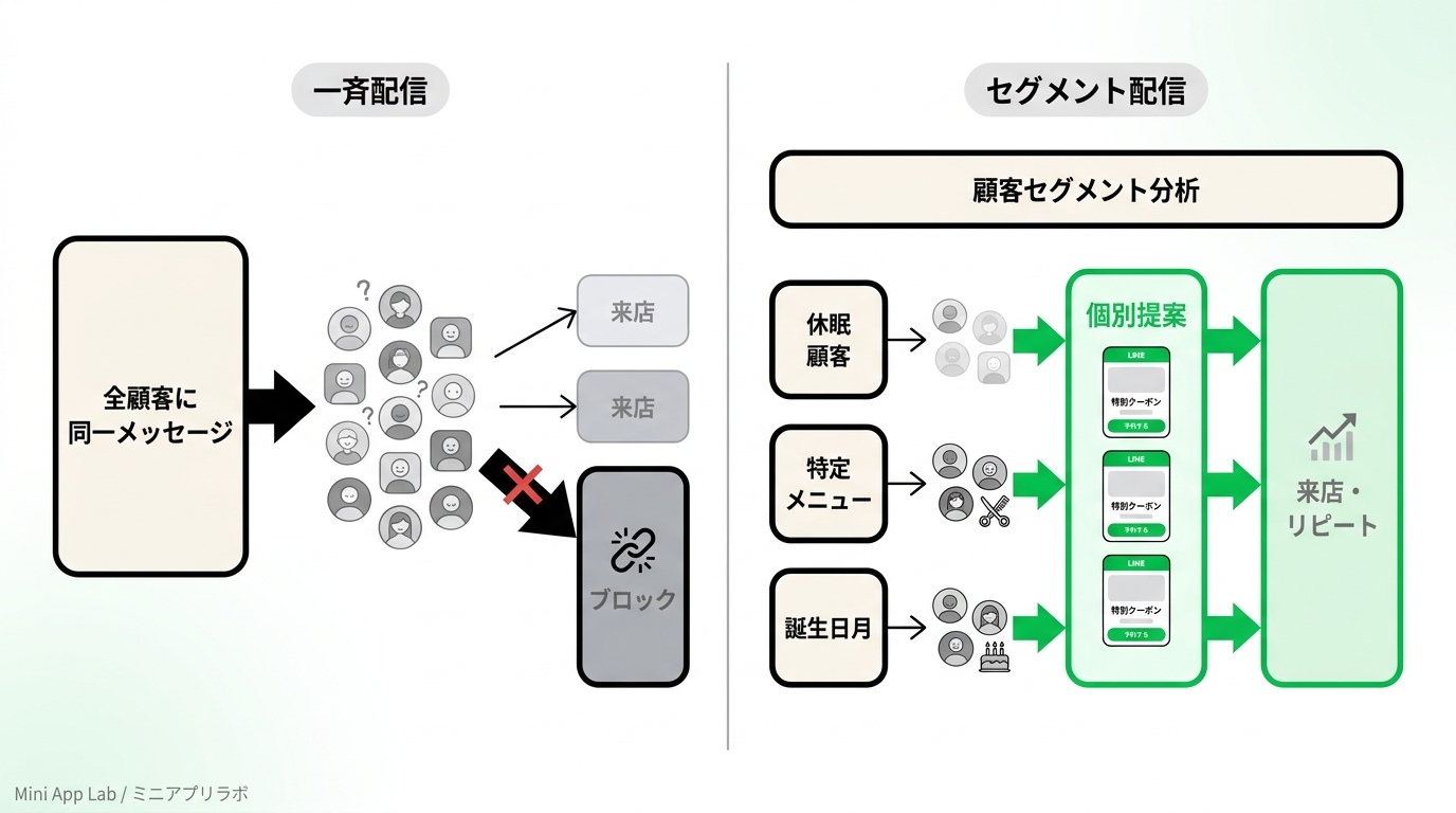 Conceptual diagram showing the contrast between mass message delivery causing block rates and segmented personalized message delivery for hair salons.