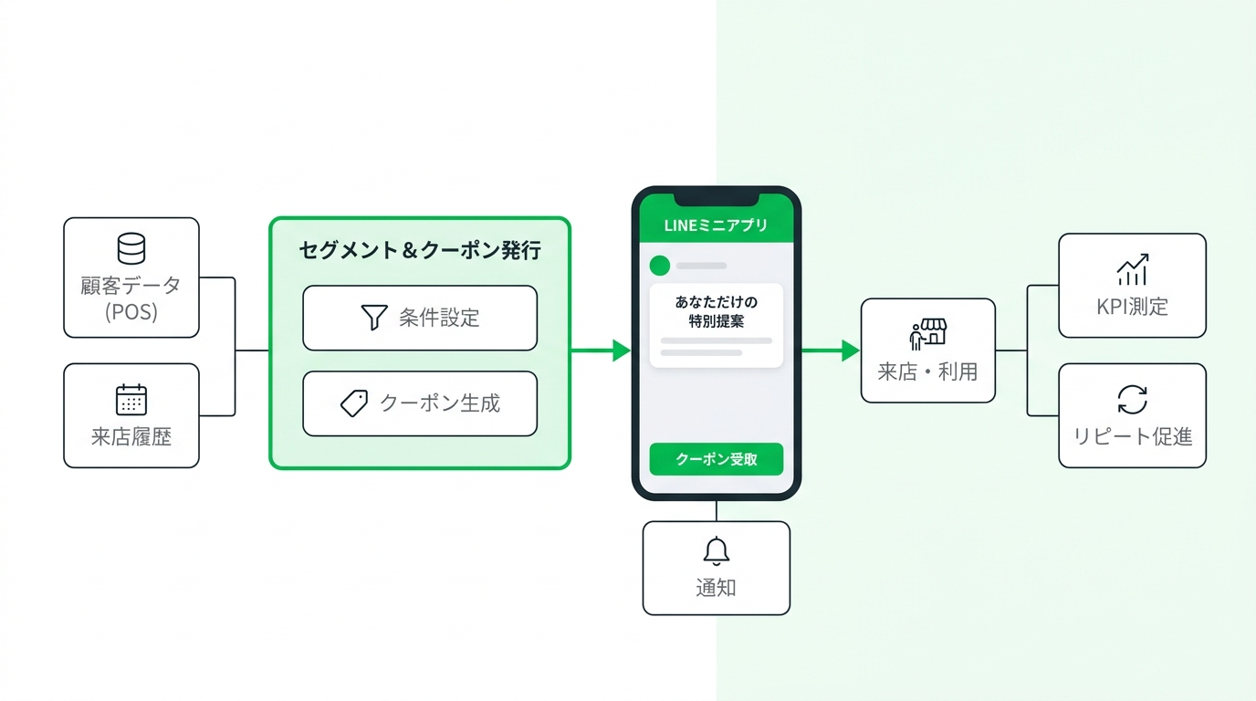 Flowchart illustrating the process of issuing, distributing, and managing targeted coupons based on customer treatment history via a LINE mini app.