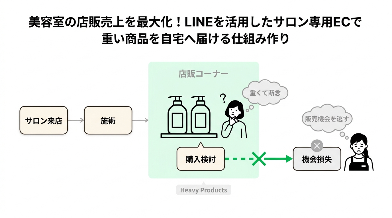 Illustration showing a customer hesitant to buy heavy salon products, and a salon staff missing a sales opportunity.