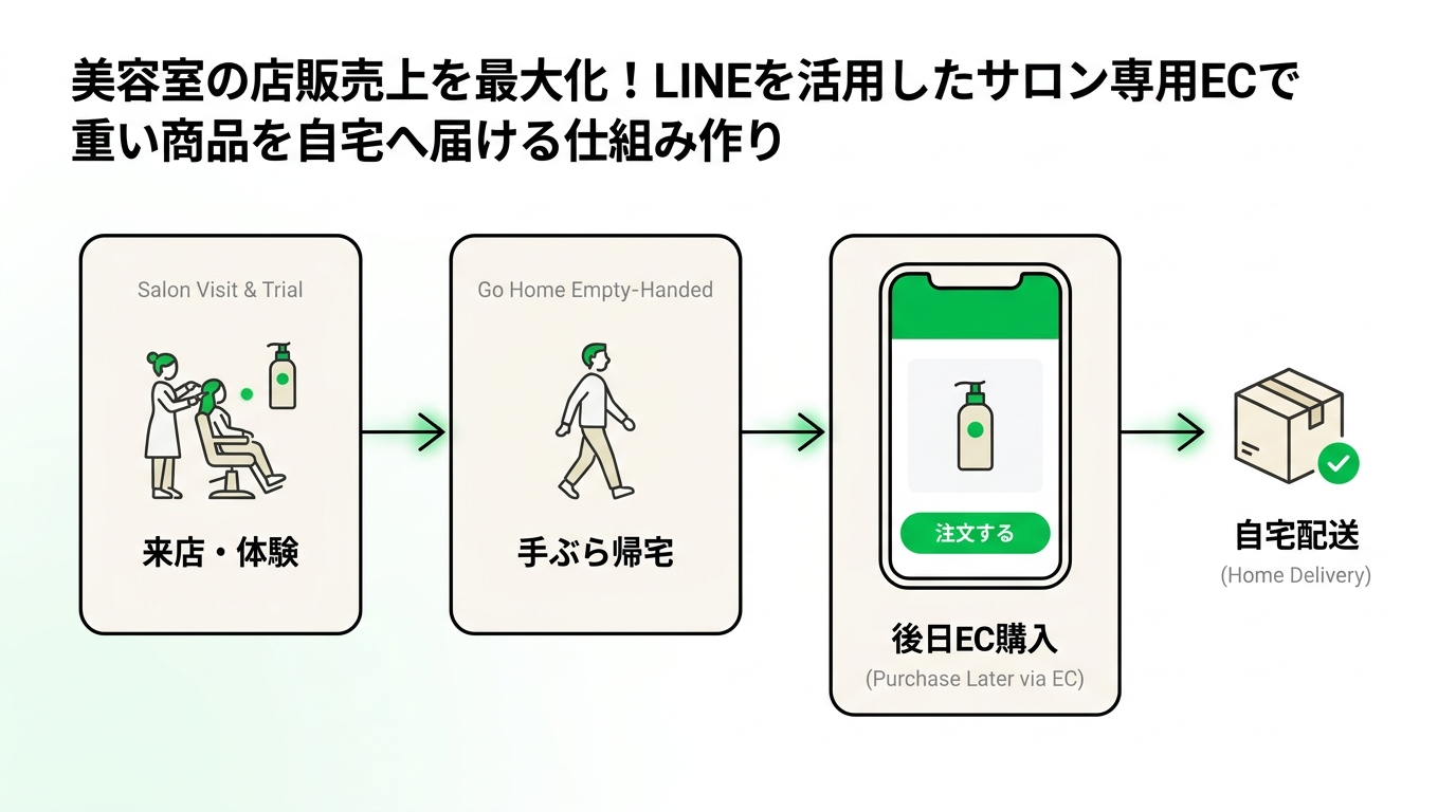 A flow diagram showing a customer experiencing a product at the salon, going home empty-handed, and buying later via LINE mini app for home delivery.