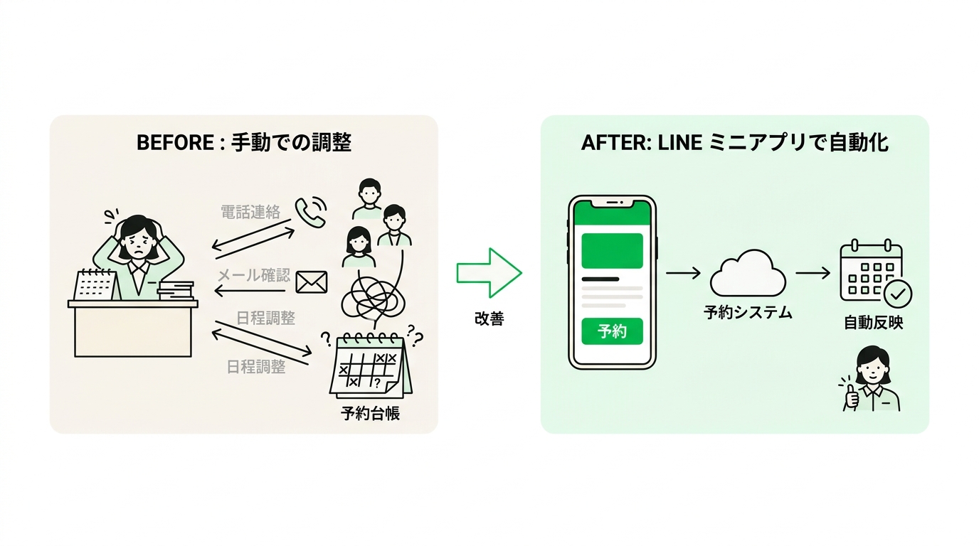 Before and after comparison of scheduling parent teacher conferences manually versus using a LINE mini app