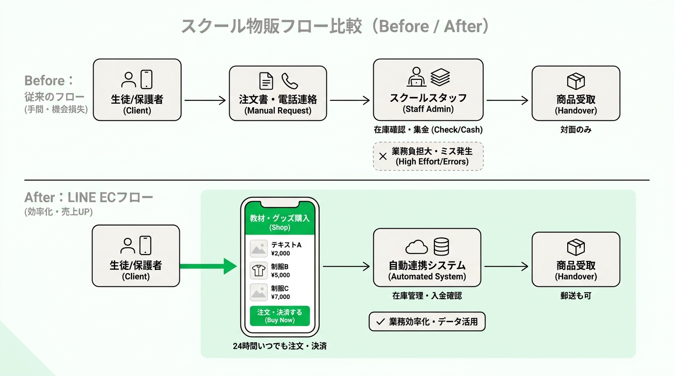 Comparison of school product sales workflows before and after implementing a LINE-based EC system
