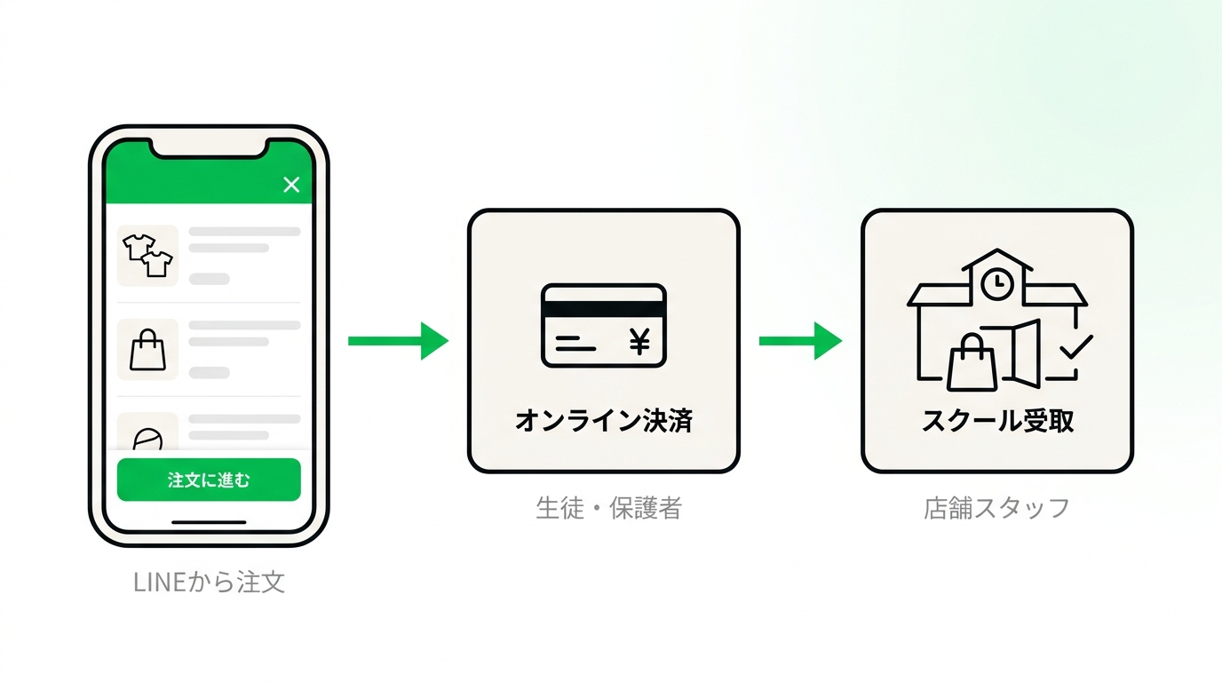 Operational workflow diagram illustrating easy ordering via LINE, online payment, and in-person pickup at school