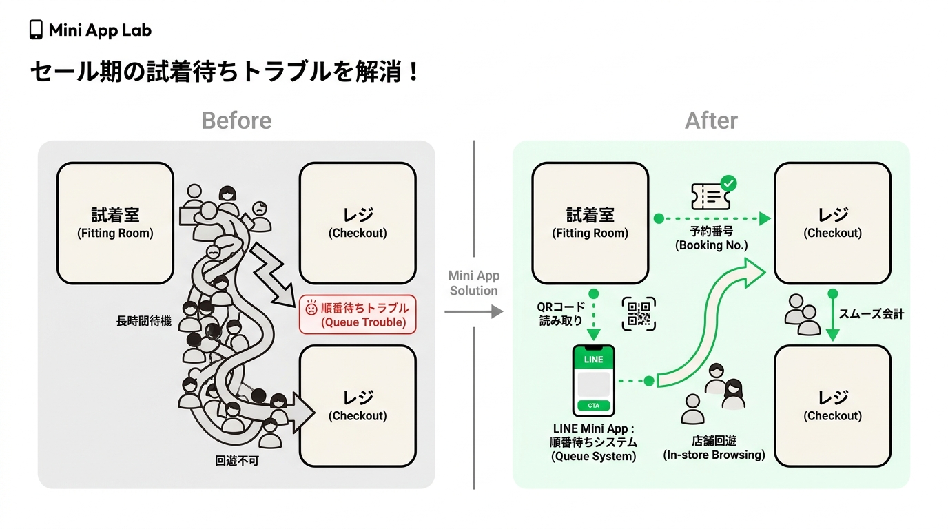 Diagram showing the before and after comparison of fitting room and checkout lines during busy sales periods at a retail store.