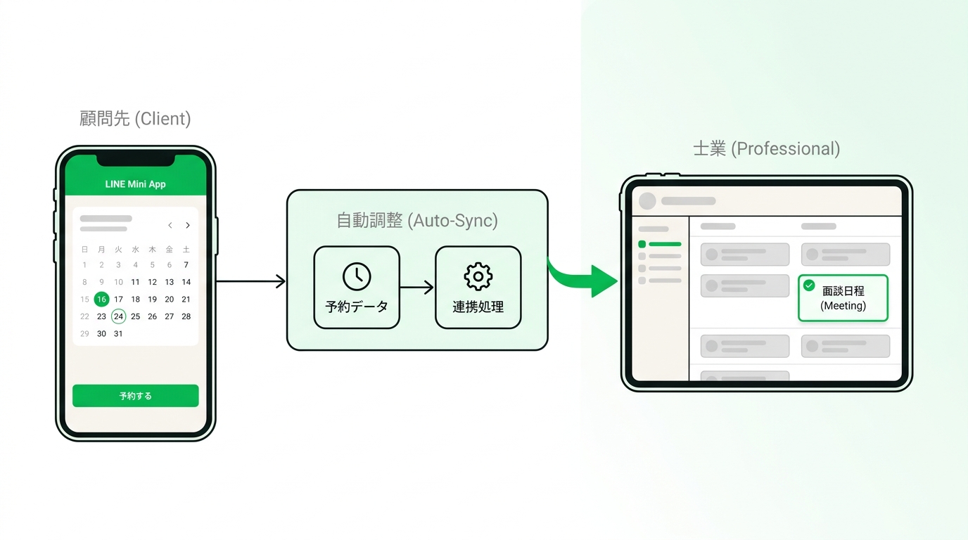 Workflow diagram showing customer booking on LINE mini app with automatic calendar synchronization