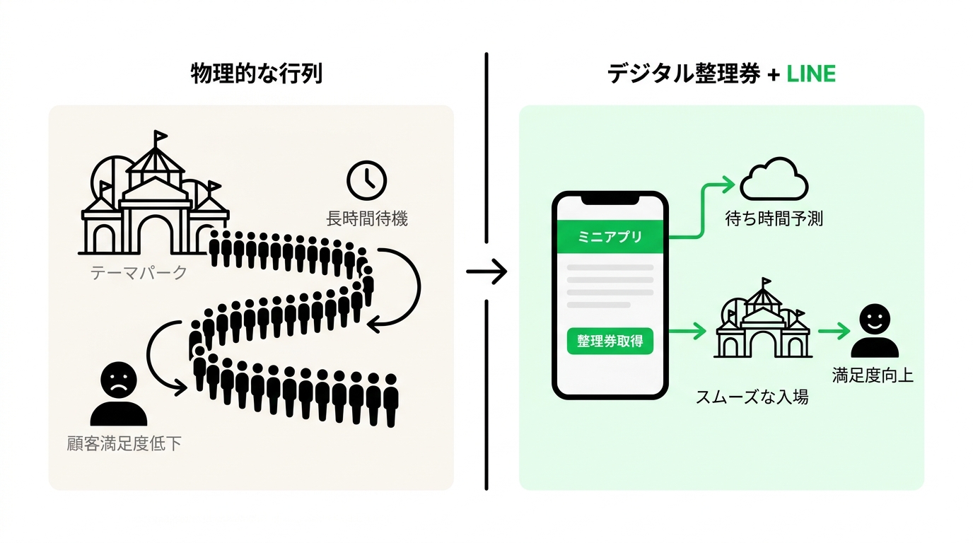 Diagram showing the current issues with long physical lines at theme parks versus the digital ticketing system using LINE.